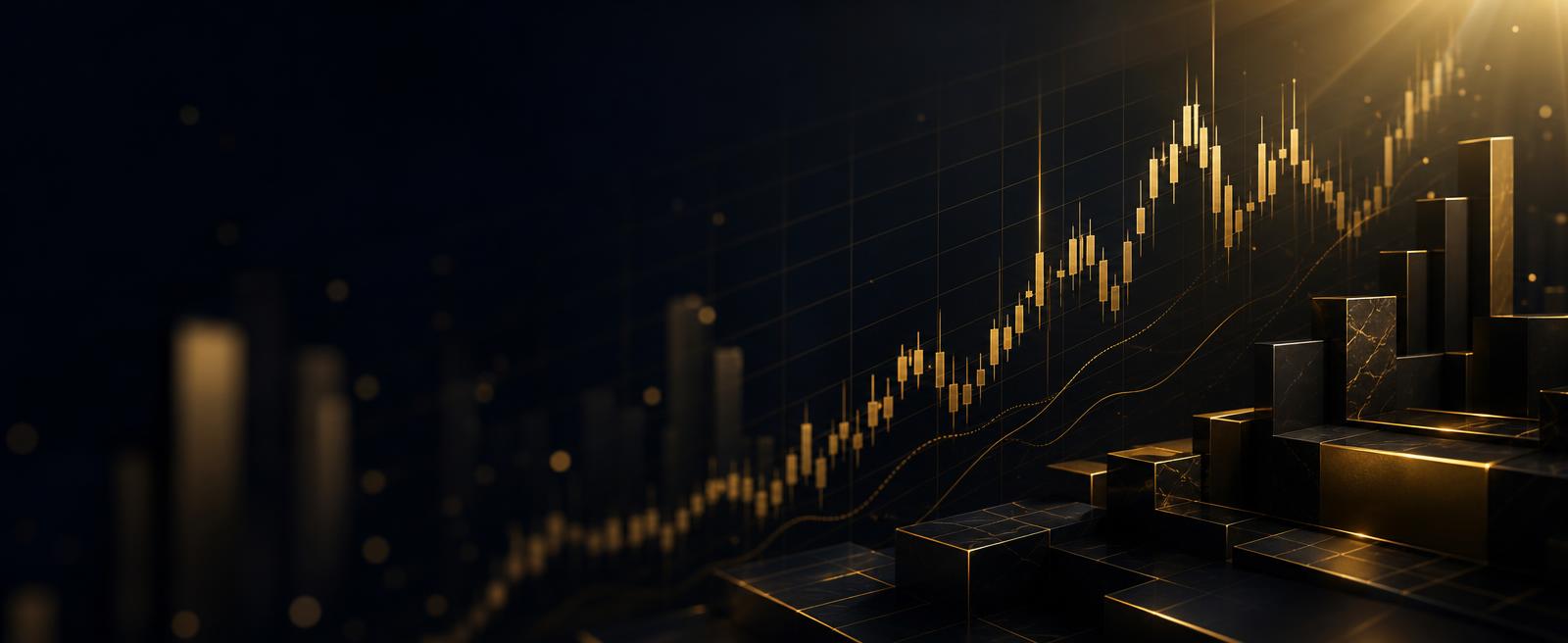 TradeFair hero banner: golden candlestick chart rising across a dark premium background